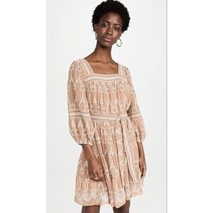 Shoshanna Torres Embroidered Square Neck Tiered Midi Dress Camel Optic Size 8